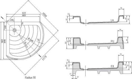 Ravak Kaskada Radius EX 90x90 negyedköríves zuhanytálca