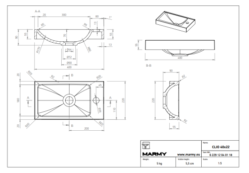 Marmy Clio 40x22/5 öntött márvány kézmosó 6 229 12 04 01 18