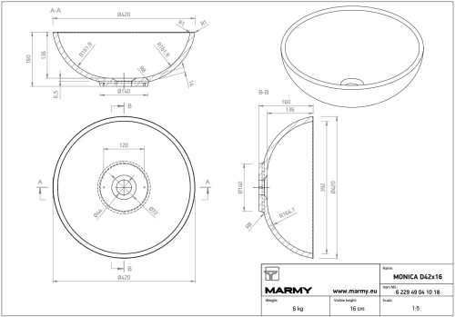 Marmy MONICA 42 cm ráültethető öntöttmárvány mosdó, fehér 6 229 49 04 10 18