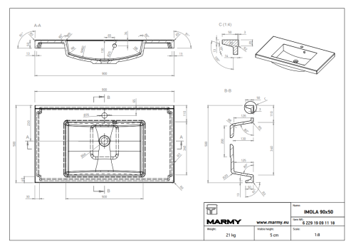 Marmy Imola 90x50/5 beépíthető öntött márvány mosdó 6 229 19 09 11 18