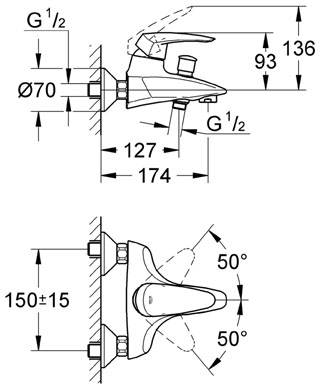Grohe Eurodisc egykaros fali kádtöltő csaptelep 33390 001 (33390001)