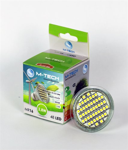 M-Tech MR16 Spot 48 LED SMD, 12V, 2,8W, 176Lm Meleg Fehér 3000K, 3528, MTL422 led izzó
