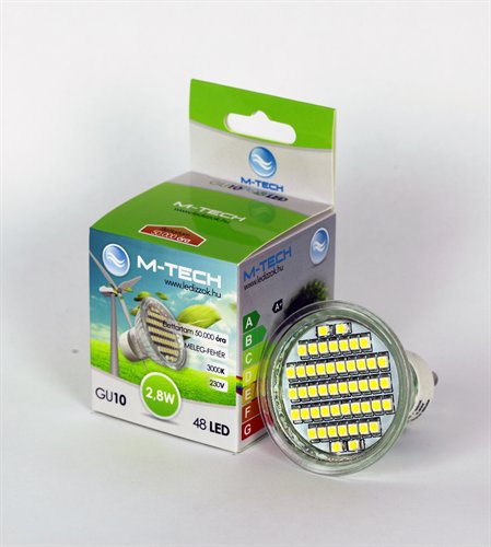 M-Tech GU10 Spot 48 LED SMD, 230V, 2,8W, 176Lm Meleg Fehér 3000K, 3528, MTL417 led izzó