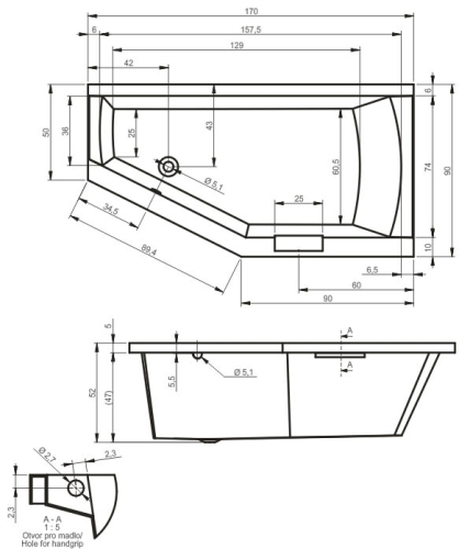 Riho Geta Aszimmetrikus kád balos 170x90 cm (BA89) B032001005