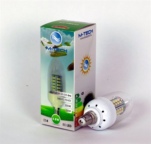 M-Tech E14 Candle 80 LED SMD 230V, 4,8W, 300Lm Meleg Fehér 3000K, 3528, MTL402 led izzó