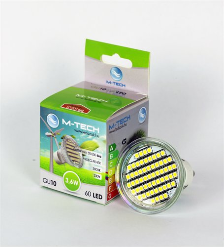 M-Tech GU10 Spot 60 LED SMD, 230V, 3,6W, 220Lm Meleg Fehér 3000K, 3528, MTL419 led izzó