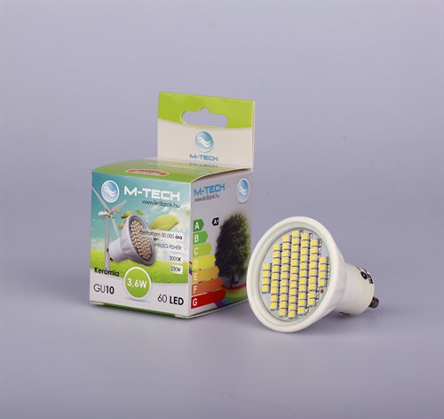 M-Tech GU10 Spot 60 LED SMD, 230V, 3,6W, 220Lm Meleg Fehér 3000K kerámia 3528, MTL418 led izzó