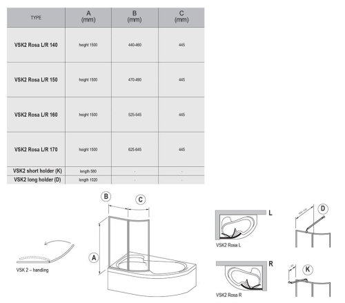 Ravak VSK2 Rosa 140 cm balos kádparaván Rain betéttel, fehér 76L7010041