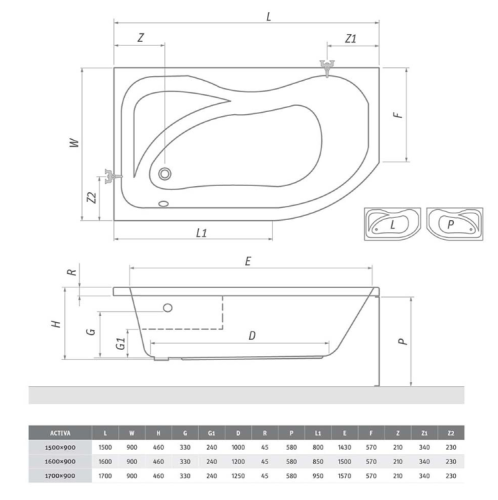 Roltechnik Activa Aszimmetrikus kád (170x90 cm, beépíthető, #8180000, jobbos)