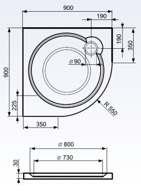 Roltechnik Rondo black öntöttmárvány negyedköríves zuhanytálca (90x90 cm)