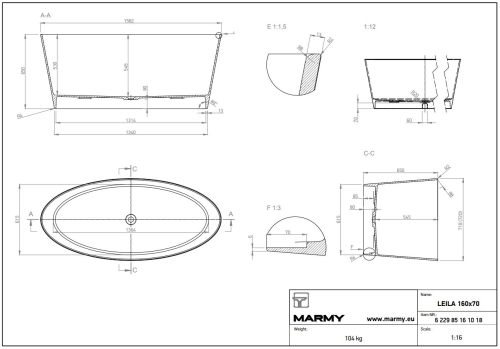 Marmy LEILA 160x70 cm szabadon álló öntöttmárvány kád, fehér 6 229 85 16 10 18 (K)