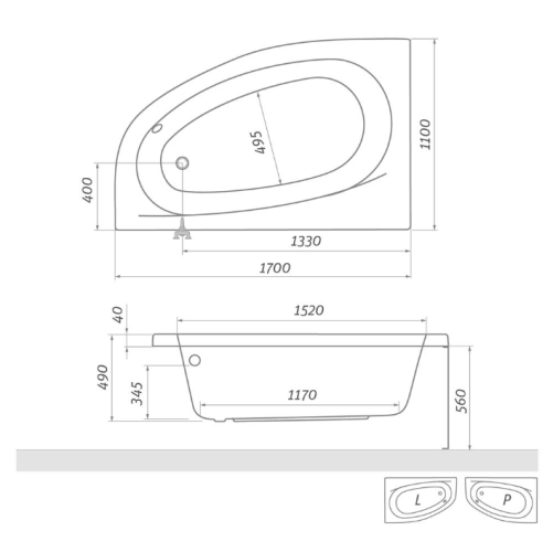 Roltechnik Isabella Neo 170x110 aszimmetrikus kád (beépíthető / balos, 170x110 cm, #9700000)