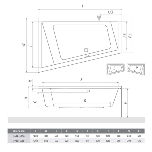 Roltechnik Kubic aszimmetrikus kád (beépíthető, 170x110 cm, #9690000, jobbos)