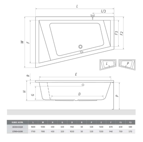 Roltechnik Kubic aszimmetrikus kád (beépíthető, 160x103 cm, #9660000, balos)