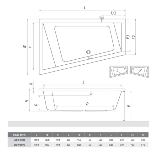 Roltechnik Kubic aszimmetrikus kád (beépíthető, 170x110 cm, #9680000, balos)
