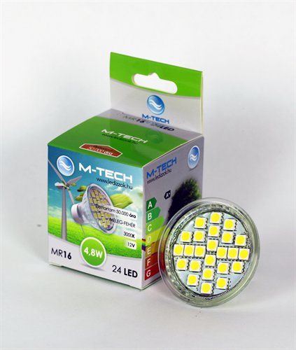 M-Tech MR16 Spot 24 LED SMD, 12V, 4,8W, 290Lm Meleg Fehér 3000K, 5050, MTL421 led izzó