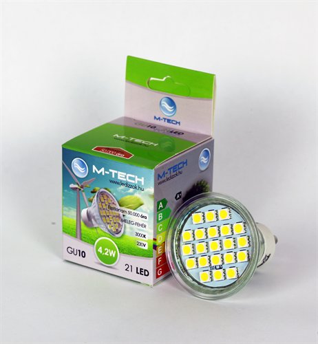 M-Tech GU10 Spot 21 LED SMD, 230V, 4,2W, 260Lm Meleg Fehér 3000K, 5050, MTL412 led izzó