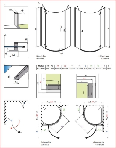 Radaway Almatea PDJ 90B negyedköríves zuhanykabin (90x90x195 cm / balos, króm, átlátszó, #30602-01-01N)