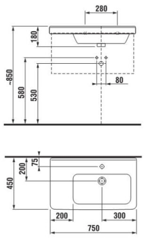 Jika Cubito 75x45 cm aszimmetrikus balos mosdó csaplyuk nélkül H8124210001091 (8.1242.1.000.109.1)