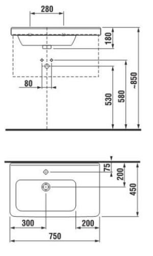Jika Cubito 75x45 cm aszimmetrikus jobbos mosdó csaplyukkal H8124220001041 (8.1242.2.000.104.1)