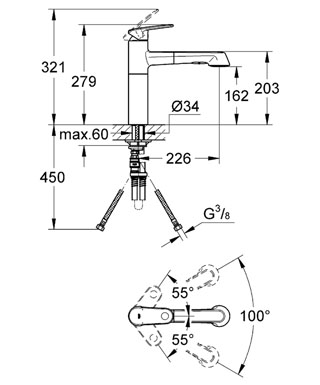 Grohe Europlus egykaros mosogató csaptelep kihúzható  zuhanyfejjel 33933 002 (33933002)