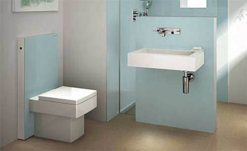 Geberit Monolith 131.002.SL.1 szanitermodul talpon álló WC-hez, menta zöld üveggel P-könyökkel