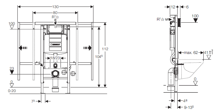 Geberit Duofix 111.385.00.5 WC szerelőelem fali WC részére, UP320 öblítőtartállyal, állítható oldaltámasszal