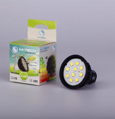 M-Tech GU10 Spot 10SMD, 230V, 4, 4W, 320Lm, Meleg Fehér, 3000K, aluminium, MTL411, led izzó