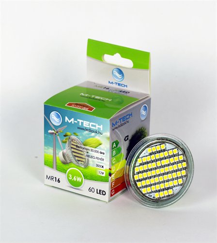 M-Tech MR16 Spot 60 LED SMD, 12V, 3,6W, 220Lm Meleg Fehér 3000K, 3528, MTL423 led izzó