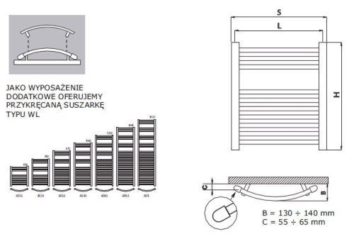 Radeco Adamo AD6-400/L D profilos íves törölközőszárítós csőradiátor (805 W, fehér, 1440x450 mm)
