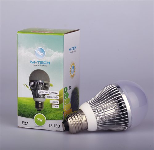M-Tech E27 Global 16 LED SMD 7W, High Power, 230V, 500Lm Meleg Fehér 3000K, MTL405 led izzó
