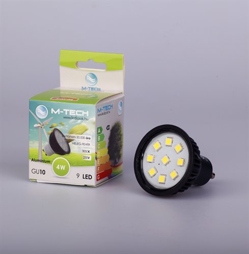 M-Tech GU10 Spot 9 LED SMD, 230V, 4W, 290Lm Meleg Fehér 3000K, Aluminium 6060, MTL420 led izzó