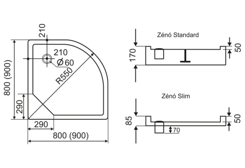 H2O Zeno Standard 90x90 negyedköríves zuhanytálca (12300)