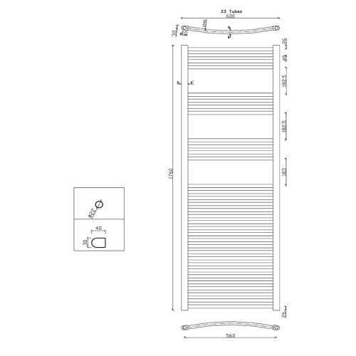 Sapho ALYA 600x1760mm íves fürdőszobai radiátor, króm 1110-12