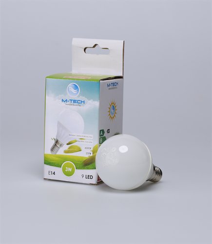 M-Tech E14 Global G45 9 LED SMD 230V, 3W, 260Lm Meleg Fehér 3000K, MTL445 led izzó