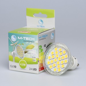 M-Tech GU10 Spot 24 LED SMD, 230V, 4, 5W, 240Lm Meleg Fehér 3000K, 5050, MTL456 led izzó