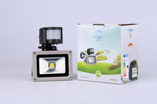 M-Tech 10W, 900lm, 230V, IP65, 3000K, meleg fehér reflektor mozgásérzékelős MTL708