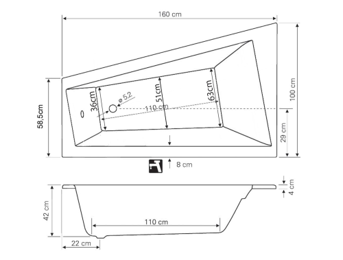 Aqualine Metuje 160x100 aszimmtrikus kád (beépíthető / jobbos, 160x100 cm, #G2611)