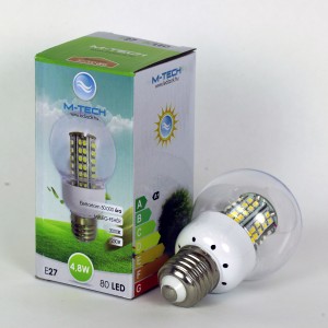 M-Tech E27 Global 80 LED SMD 230V, 4,8W, 300Lm Hideg Fehér 6500K, 3528, MTL406 led izzó