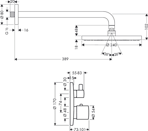 Hansgrohe Raindance S 240 Air 1 jet fejzuhany 390 mm-es zuhanykarral, Ecostat S termosztát elzáró- és váltószeleppel; iBox universal alaptesttel 27122 000 (27122000)