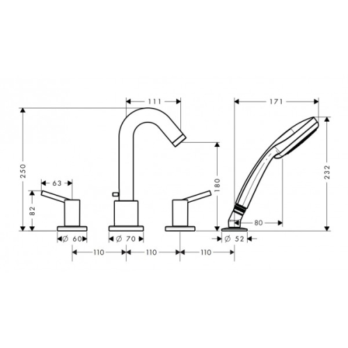 Hansgrohe Talis 4-lyukú peremre szerelhető kádcsaptelep 32314 000 (32314000)