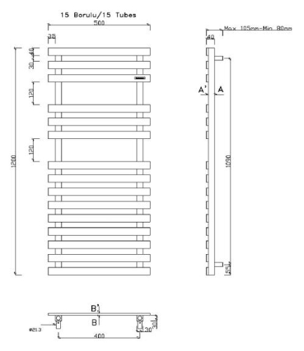 Sapho Truva 500x1200 mm polírozott inox, fürdőszoba radiátor NR318