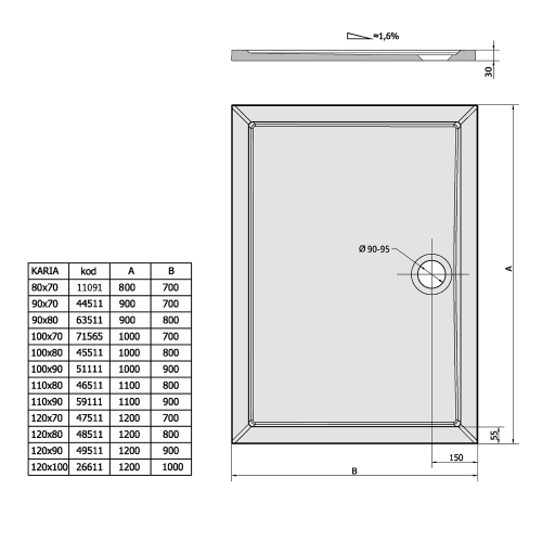 Sapho POLYSAN KARIA 100x70 cm öntöttmárvány zuhanytálca, fehér 71565