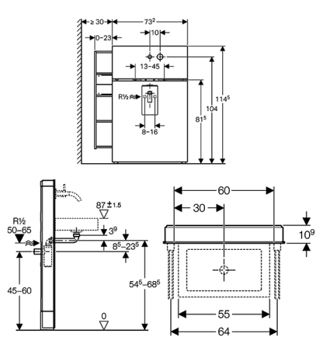 Geberit Monolith 131.040.SQ.1 barna üveg szerelőmodul mosdóhoz, fali csaptelephez jobb oldali kezelővel, bal oldali tárolóval