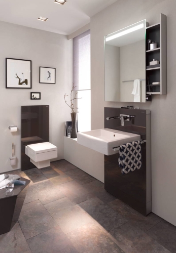 Geberit Monolith 131.041.SQ.1 barna üveg szerelőmodul mosdóhoz, fali csaptelephez jobb oldali kezelővel, jobb oldali tárolóval