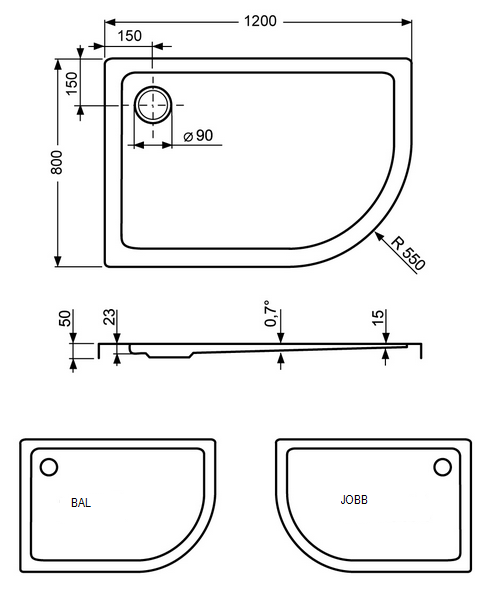 Roltechnik Flat Asymmetric íves aszimmetrikus zuhanytálca (120x80 cm, jobbos, #8000246)