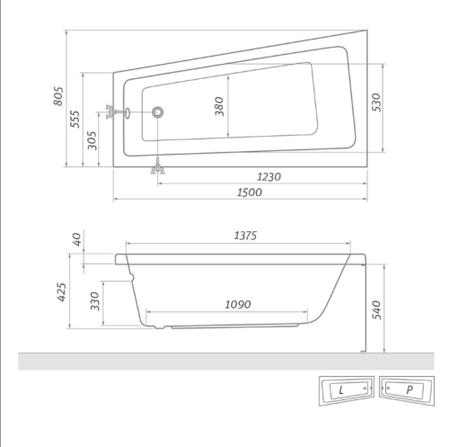Roltechnik Eva Side 150x80 aszimmetrikus kád   (balos, 150x80 cm, #9780000)