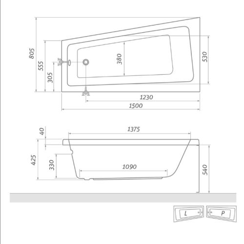 Roltechnik Eva Side 150x80 aszimmetrikus kád   (jobbos, 150x80 cm, #9790000)