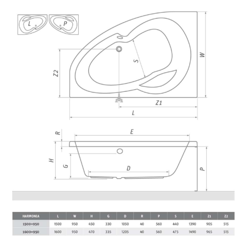 Roltechnik Harmonia 150x95 aszimmetrikus kád   (jobbos, 150x95 cm, #9810000)