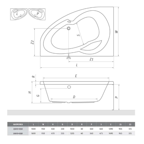 Roltechnik Harmonia 160x95 aszimmetrikus kád (jobbos, 160x95 cm, #9830000)
